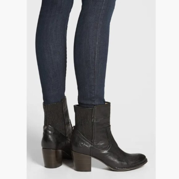 Frye Lucinda Scrunch Real Cognac Brown Leather Stretchy Heeled Short Ankle Boot - Picture 3 of 13